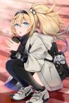  1girl backpack bag blonde_hair blue_eyes cafe coat commentary_request cup escort_water_hime eyebrows_visible_through_hair gambier_bay_(kantai_collection) hair_between_eyes hair_ornament hairband hands_together highres kantai_collection looking_at_viewer open_mouth ponytail scarf shoes sitting sneakers stairs thigh-highs winter yuna_(yukiyuna) zettai_ryouiki 