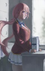  1girl absurdres bibido blue_eyes highres long_hair parted_lips pink_hair red-framed_eyewear sakura_airi school_uniform semi-rimless_eyewear skirt solo thighs under-rim_eyewear youkoso_jitsuryoku_shijou_shugi_no_kyoushitsu_e 