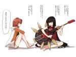  2girls bangs barefoot black_hair closed_eyes clothes_writing commentary_request crossed_ankles crossed_arms electric_guitar fate/grand_order fate_(series) fujimaru_ritsuka_(female) guitar hands_on_own_knees hood instrument long_hair long_sleeves looking_at_another medium_hair multiple_girls music nemu_(sleeeeepming) oda_nobunaga_(fate) oda_nobunaga_(swimsuit_berserker)_(fate) open_mouth orange_hair playing_instrument shadow shirt side_ponytail singing sitting sleeveless sleeveless_shirt thought_bubble translation_request very_long_hair white_background 