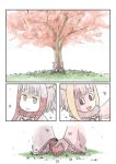  2girls :d bangs blunt_bangs cerulean_(kemono_friends) cherry_blossoms comic hand_holding highres japanese_crested_ibis_(kemono_friends) kemono_friends multiple_girls murakami_rei open_mouth page_number petals silent_comic sitting smile tree under_tree wide_sleeves 