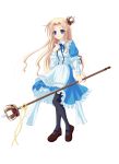 1girl :3 alice_(wonderland) alice_in_wonderland black_legwear blonde_hair blue_eyes blush closed_mouth eyebrows_visible_through_hair full_body highres holding holding_staff long_hair long_sleeves looking_at_viewer pantyhose psyche3313 smile solo staff 