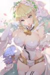  1girl ahoge belt blonde_hair blush bouquet breasts bridal_veil calder chains cleavage detached_sleeves eyebrows_visible_through_hair fate/extra fate/extra_ccc fate/grand_order fate_(series) flower full-length_zipper gloves green_eyes hair_intakes head_wreath highres large_breasts leotard lips lock looking_at_viewer loose_belt nero_claudius_(bride)_(fate) nero_claudius_(fate)_(all) open_mouth padlock petals round_teeth simple_background solo strapless strapless_leotard teeth thigh-highs thigh_gap veil white_background white_gloves white_legwear white_leotard zipper zipper_pull_tab 