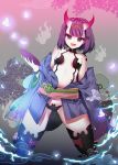  1girl bare_shoulders blush breasts collarbone eyebrows_visible_through_hair fate/grand_order fate_(series) harin_0 horns looking_at_viewer open_mouth purple_hair short_hair shuten_douji_(fate/grand_order) small_breasts smile solo violet_eyes 