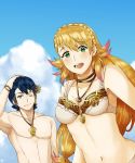  1boy 1girl alfonse_(fire_emblem) bikini blonde_hair blue_eyes blue_hair braid breasts brother_and_sister cleavage clouds cloudy_sky fire_emblem fire_emblem_heroes green_eyes hand_on_own_head highres jewelry long_hair looking_at_viewer maji_(majibomber) medium_breasts midriff multicolored_hair navel necklace nintendo one_eye_closed open_mouth pink_hair sharena short_hair siblings sky smile swim_trunks swimsuit upper_body wristband 