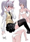  1girl adjusting_eyewear artist_name ass bespectacled black_legwear black_neckwear blush bra breasts cleavage collared_shirt commentary_request eyebrows_visible_through_hair fkey glasses hand_on_hip highres long_sleeves looking_at_viewer medium_breasts midriff miniskirt multiple_girls navel necktie no_shoes original panties parted_lips pink-framed_eyewear pleated_skirt ponytail red_eyes shirt silver_hair simple_background sitting sketch skirt sweater_vest thigh-highs underwear underwear_only vest white_background white_bra white_panties white_shirt yellow_vest zettai_ryouiki 