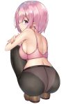  1girl ass back bra breasts eyebrows_visible_through_hair fate/grand_order fate_(series) hair_over_one_eye highres hips kanikou large_breasts lavender_hair looking_back mash_kyrielight panties panties_under_pantyhose pantyhose pink_bra short_hair simple_background solo squatting thighs underwear violet_eyes white_background 