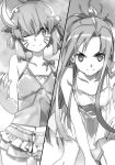  2girls ;) abec argo_the_rat asuna_(sao) banana breasts cleavage collarbone cowboy_shot dress food fruit greyscale head_tilt highres leaning_forward looking_at_viewer monochrome multiple_girls navel novel_illustration official_art one_eye_closed short_dress short_hair short_shorts shorts sleeveless sleeveless_dress small_breasts smile standing swimsuit sword_art_online whisker_markings white_dress yuuki_asuna 