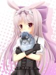  1girl animal animal_ears black_gloves blush bow eyebrows_visible_through_hair gloves grey_hair hair_bow hairband holding holding_animal long_hair looking_at_viewer original oversized_clothes psyche3313 purple_bow rabbit rabbit_ears red_eyes short_sleeves very_long_hair 