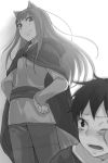  1boy 1girl animal_ears ayakura_juu cape floating_hair from_below greyscale hands_on_hips holo hooded klaus_(spice_and_wolf) long_hair looking_back monochrome novel_illustration official_art one_eye_closed open_mouth pants shirt simple_background smile spice_and_wolf standing tail tears very_long_hair white_background wolf_ears wolf_tail 