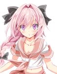  1boy :o astolfo_(fate) black_bow black_ribbon blush bow braid fate/apocrypha fate/grand_order fate_(series) hair_intakes hair_ribbon long_braid long_hair looking_at_viewer male_focus multicolored_hair ngv3553 open_mouth parted_lips pink_hair red_sailor_collar ribbon sailor_collar single_braid solo streaked_hair trap violet_eyes 