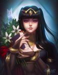  1girl amber_harris black_hair bodystocking book bouquet breasts bridal_gauntlets cape cleavage fire_emblem fire_emblem:_kakusei flower parted_lips smile solo tharja tiara twintails upper_body violet_eyes 