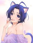  1girl :d ahoge animal_ears bare_shoulders blue_hair blush breasts cat_ears cat_tail cleavage highres idolmaster idolmaster_(classic) inoue_sora kemonomimi_mode looking_at_viewer medium_breasts miura_azusa off-shoulder_shirt open_mouth shirt short_hair simple_background smile solo tail violet_eyes 