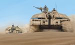  1boy desert dust ground_vehicle gun machine_gun military military_vehicle motor_vehicle ogata_tank real_life sand sky t-55 t-55_enigma tank weapon 