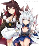  &gt;:) 2girls akagi_(azur_lane) animal_ears azur_lane bangs black_cola black_gloves black_kimono blue_eyes blue_skirt blush breasts brown_hair cleavage closed_mouth collarbone commentary_request copyright_name eyebrows_visible_through_hair fox_ears fox_mask fox_tail gloves highres holding holding_mask japanese_clothes kaga_(azur_lane) kimono kitsune long_hair long_sleeves looking_at_viewer mask multiple_girls multiple_tails parted_lips pleated_skirt red_eyes red_skirt short_kimono silver_hair simple_background skirt smile tail v-shaped_eyebrows very_long_hair white_background wide_sleeves 