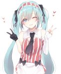  1girl ;d apron bare_shoulders black_bow black_gloves black_neckwear blue_eyes blush bow commentary_request detached_sleeves double_v dress gloves green_hair hair_between_eyes hatsune_miku head_tilt headdress heart kojiki-life long_hair looking_at_viewer one_eye_closed open_mouth single_glove single_sleeve sleeves_past_wrists smile solo striped striped_dress twintails v very_long_hair vocaloid waist_apron waitress white_apron white_background wing_collar 