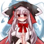  1girl azur_lane bangs black_bow black_hat blush bow bowtie breasts closed_mouth erebus_(azur_lane) eyebrows_visible_through_hair grey_hair hat highres long_hair looking_at_viewer medium_breasts nose_blush open_clothes open_shirt puffy_short_sleeves puffy_sleeves red_eyes red_neckwear shimashiro_itsuki shirt short_sleeves sidelocks sketch solo sweat torn_clothes torn_hat undressing very_long_hair white_background white_shirt 