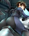  1girl absurdres ass bangs black_bodysuit black_scarf blunt_bangs bodysuit braid breasts brown_hair closed_mouth crown_braid foreshortening ground_vehicle hangar highres indoors leaning_forward looking_at_viewer motor_vehicle motorcycle nemu_(nebusokugimi) niijima_makoto persona persona_5 railing red_eyes scarf serious shiny shiny_hair shoulder_spikes sitting skin_tight small_breasts solo spikes straddling 