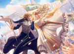  1boy 1girl armor beard belt blonde_hair brown_hair cape capelet castle eowyn faceless faceless_female faceless_male facial_hair faramir flag flower helmet highres jowell_she lord_of_the_rings petals sky staff sword teeth tiara weapon 