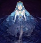  1girl anklet aqua_(fire_emblem_if) blue_bow blue_hair bow closed_mouth dress eyelashes fingerless_gloves fire_emblem gloves hair_between_eyes hair_tubes headdress highres jewelry jurge lips long_hair necklace partially_submerged pendant solo water yellow_eyes 