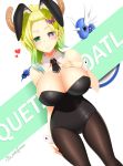  1girl absurdres animal_ears artist_name blacksaikou blonde_hair blush breasts brown_legwear bunnysuit character_name cleavage commentary detached_collar dragon dragonair dutch_angle earrings eyebrows_visible_through_hair eyes_visible_through_hair forehead gradient_hair green_eyes green_hair hand_on_own_chest heart heterochromia highres horns huge_breasts jewelry kobayashi-san_chi_no_maidragon looking_at_viewer medium_hair mole mole_under_mouth multicolored_hair pantyhose pokemon_(creature) quetzalcoatl_(maidragon) rabbit_ears slit_pupils smile solo violet_eyes wrist_cuffs yellow_pupils 