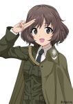  1girl :d akiyama_yukari alternate_costume bangs black_neckwear bonple_military_uniform brown_eyes brown_hair brown_jacket capelet check_commentary commentary_request dress_shirt eyebrows_visible_through_hair fourragere girls_und_panzer girls_und_panzer_ribbon_no_musha inoshira jacket long_sleeves looking_at_viewer messy_hair military military_uniform necktie open_mouth salute shirt short_hair simple_background smile solo standing twitter_username two-finger_salute uniform upper_body white_background white_shirt wing_collar 