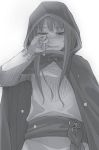  1girl ayakura_juu blush cape crying crying_with_eyes_open eyebrows_visible_through_hair from_below greyscale holo hood hooded long_hair monochrome novel_illustration official_art simple_background solo spice_and_wolf standing tears upper_body white_background 