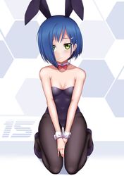  1girl alternate_costume animal_ears bare_arms bare_shoulders between_legs black_hairband black_legwear blue_hair bow bowtie breasts bunny_girl bunnysuit caibao character_name cleavage closed_mouth covered_navel darling_in_the_franxx detached_collar frown full_body green_eyes hair_ornament hairband hairclip hand_between_legs hexagon highres ichigo_(darling_in_the_franxx) kneeling leotard looking_at_viewer own_hands_together pantyhose purple_footwear purple_leotard rabbit_ears red_bow red_neckwear short_hair small_breasts solo strapless strapless_leotard wrist_cuffs 