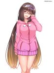  1girl :d adjusting_eyewear arm_at_side benitsuki_tsubasa blonde_hair blush bow breasts brown_hair drawstring fate/grand_order fate_(series) feet_out_of_frame glasses hair_bow hairband half-closed_eyes hand_up head_tilt hood hoodie legs_together long_hair long_sleeves looking_at_viewer low_twintails medium_breasts no_pants open_mouth osakabe-hime_(fate/grand_order) pink_hoodie pocket pom_pom_(clothes) purple_bow red-framed_eyewear red_eyes simple_background sleeves_past_wrists smile solo standing thighs twintails twitter_username two-tone_hairband very_long_hair white_background zipper 