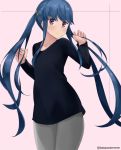  1girl alternate_hairstyle blue_hair long_hair long_sleeves shima_rin solo sweater tasora twintails violet_eyes yurucamp 