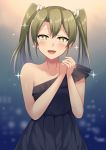  1girl :d alternate_costume bangs bare_shoulders black_dress blush collarbone dress earrings gradient gradient_background green_hair hair_ribbon hands_together highres jewelry kantai_collection lips long_hair looking_at_viewer ohiya open_mouth own_hands_together ribbon shiny shiny_hair single_strap sleeveless smile solo sparkle star star-shaped_pupils symbol-shaped_pupils twintails upper_body white_ribbon zuikaku_(kantai_collection) 