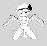  1girl bare_arms bare_shoulders bra chen_bin fang_out flandre_scarlet full_body grey_background greyscale hat hat_ribbon head_tilt highres light_smile looking_at_viewer mob_cap monochrome panties pointing pointing_at_self ribbon simple_background sitting sketch solo thigh-highs touhou underwear underwear_only watermark weibo_logo weibo_username wings 
