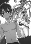  1boy 1girl abec angry animal_print ass asuna_(sao) bikini_bottom blush bull collarbone female_swimwear floating_hair greyscale hair_between_eyes highres holding index_finger_raised innertube kirigaya_kazuto kirito long_hair looking_at_viewer looking_back male_swimwear monochrome navel novel_illustration official_art panties print_panties shiny shiny_skin short_sleeves swim_trunks sword_art_online underwear very_long_hair yuuki_asuna 