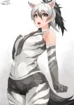  1girl :o aardwolf_(kemono_friends) aardwolf_ears aardwolf_tail animal_ears arm_at_side bare_shoulders black_hair black_neckwear black_shorts breast_pocket clenched_hands collared_shirt dated elbow_gloves extra_ears eyebrows_visible_through_hair gloves grey_eyes grey_hair hair_between_eyes hand_on_own_chest hand_up happa_(cloverppd) high_ponytail kemono_friends lips long_hair looking_at_viewer multicolored_hair necktie open_mouth outstretched_arm pocket ponytail print_gloves print_legwear print_shirt shiny shiny_clothes shirt short_shorts shorts signature sleeveless sleeveless_shirt solo standing tail upper_body 