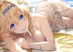  1girl absurdres beach bikini blonde_hair blue_eyes breasts cleavage flower granblue_fantasy hair_between_eyes hair_flower hair_intakes hair_ornament hairband highres jeanne_d&#039;arc_(granblue_fantasy) kakage long_hair looking_at_viewer lying medium_breasts mouth_hold on_side outdoors parted_lips purple_bikini see-through side-tie_bikini solo swimsuit untied untied_bikini 