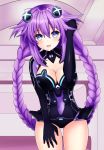  1girl :d blue_eyes blush braid breasts cleavage cleavage_cutout covered_navel cowboy_shot d-pad d-pad_hair_ornament hair_between_eyes hair_ornament indoors leaning_forward leekoe2525 leotard long_hair medium_breasts neptune_(series) open_mouth power_symbol purple_hair purple_heart skin_tight smile solo symbol-shaped_pupils twin_braids twintails very_long_hair 