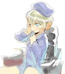  1girl ascot bangs beret blonde_hair blue_dress blue_eyes blue_hat blue_neckwear blue_sailor_collar closed_mouth dress eyebrows eyebrows_visible_through_hair facing_away fronttire hair_between_eyes hand_on_own_head hat kantai_collection long_sleeves machinery sailor_collar sailor_dress short_dress short_hair simple_background solo tears turret white_background z1_leberecht_maass_(kantai_collection) 