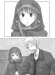  1boy 1girl ayakura_juu blush bruise_on_face cape closed_eyes craft_lawrence dress_shirt fang greyscale holo hood hooded jacket laughing long_hair monochrome novel_illustration official_art open_mouth shirt smile spice_and_wolf upper_body 
