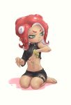  1girl agent_8 barefoot blush chiyo_maru crop_top dark_skin feet full_body green_eyes half-closed_eyes highres looking_to_the_side midriff navel octoling pencil_skirt redhead seiza sitting skirt splatoon splatoon_2 splatoon_2:_octo_expansion stomach takozonesu tentacle_hair zipper 