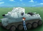  1girl artist_request brown_eyes brown_hair bt-42 clouds emblem girls_und_panzer grass ground_vehicle highres keizoku_(emblem) keizoku_military_uniform mikko_(girls_und_panzer) military military_vehicle motor_vehicle one_eye_closed short_twintails sky smile tank twintails 