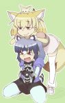  2girls animal_ears blonde_hair blue_hair bow bowtie chin_on_head chin_rest common_raccoon_(kemono_friends) elbow_gloves eyebrows_visible_through_hair fang fennec_(kemono_friends) fennec_fox fox_ears fox_tail fur_collar fur_trim gloves grey_hair kemono_friends kneeling multicolored_hair multiple_girls open_mouth pantyhose puffy_short_sleeves puffy_sleeves raccoon raccoon_ears raccoon_tail short_hair short_sleeves skirt smile smug sweater tail thigh-highs user_gxpv2747 v-shaped_eyebrows 