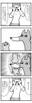  1girl 4koma :3 absurdres bangs bkub blush cat comic fox greyscale heart highres long_hair monochrome open_mouth original shirt simple_background snout speech_bubble spinning talking translation_request two-tone_background 