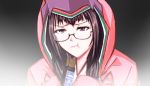  1girl :t black_background black_hair candy_bar eating fate/grand_order fate_(series) food graphite_(medium) holding holding_food hood kouchin light long_hair marker_(medium) osakabe-hime_(fate/grand_order) semi-rimless_eyewear snickers solo traditional_media under-rim_eyewear violet_eyes 