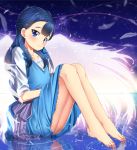  1girl bangs barefoot blue_dress blue_hair blunt_bangs blush commentary_request dress feathers feet half_updo highres hugtto!_precure knees_together_feet_apart long_hair looking_at_viewer mad_(hazukiken) precure reflection ripples sash sitting sitting_on_water smile solo toes wings yakushiji_saaya 