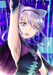 1girl arm_up armpits blue_background blue_eyes cape hair_rings highres hugtto!_precure looking_at_viewer multicolored multicolored_eyes open_mouth precure purple_hair ruru_amour short_hair solo upper_body violet_eyes zakuro0508 