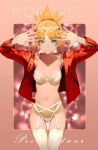  1girl blonde_hair blush bra braid breasts closed_eyes commentary_request eyebrows_visible_through_hair fate/apocrypha fate/grand_order fate_(series) french_braid garter_straps green_eyes hair_ornament hair_scrunchie highres jacket leather leather_jacket lingerie long_hair looking_at_viewer medium_breasts mordred_(fate) mordred_(fate)_(all) navel open_clothes open_jacket panties ponytail red_jacket salmon88 scrunchie shiny shiny_hair smile solo standing thigh-highs underwear white_panties 