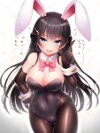  1girl animal_ears bangs bare_shoulders black_gloves black_hair black_leotard blue_eyes blush bow bowtie breasts bunny_girl bunny_tail bunnysuit cleavage covered_navel detached_collar doyouwantto elbow_gloves eyebrows_visible_through_hair fake_animal_ears flying_sweatdrops gloves hair_ornament hairclip hand_on_hip highres large_breasts leotard long_hair looking_away nijisanji open_mouth pantyhose rabbit_ears solo strapless strapless_leotard tail tsukino_mito wrist_cuffs 