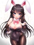  1girl animal_ears bangs bare_shoulders black_gloves black_hair black_leotard blue_eyes blush bow bowtie breasts bunny_girl bunny_tail bunnysuit cleavage covered_navel detached_collar doyouwantto elbow_gloves eyebrows_visible_through_hair fake_animal_ears gloves hair_ornament hairclip hand_on_hip highres large_breasts leotard long_hair looking_at_viewer nijisanji open_mouth pantyhose rabbit_ears solo strapless strapless_leotard tail tsukino_mito wrist_cuffs 