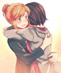  2girls blue_eyes brown_hair commentary_request hachiko_(hati12) hair_bun hug multiple_girls open_mouth original short_hair yuri 