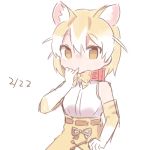  1girl animal_ears bare_shoulders blonde_hair bow bowtie cat_day cat_ears character_request colo_(frypan_soul) dated elbow_gloves gloves kemono_friends looking_at_viewer multicolored_hair shirt short_hair simple_background sketch sleeveless sleeveless_shirt solo upper_body white_background white_hair white_shirt 