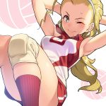  1girl armpits arms_behind_head blonde_hair brown_eyes closed_mouth commentary girls_und_panzer hair_pulled_back hairband knee_pads legs long_hair looking_at_viewer lying on_back one_eye_closed pairan ponytail red_legwear red_shirt red_shorts sasaki_akebi shirt short_shorts shorts sit-up sleeveless sleeveless_shirt smile socks solo sportswear sweatdrop v-shaped_eyebrows volleyball volleyball_uniform white_hairband 